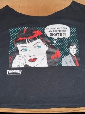 Thrasher Black Tee with Red & Teal Pop Comic Graphic